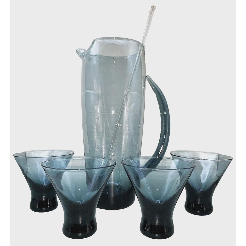 Morgantown Blown Glass Bar Martini Pitcher 4 Glasses Stir Rod Vtg 50s MCM Read